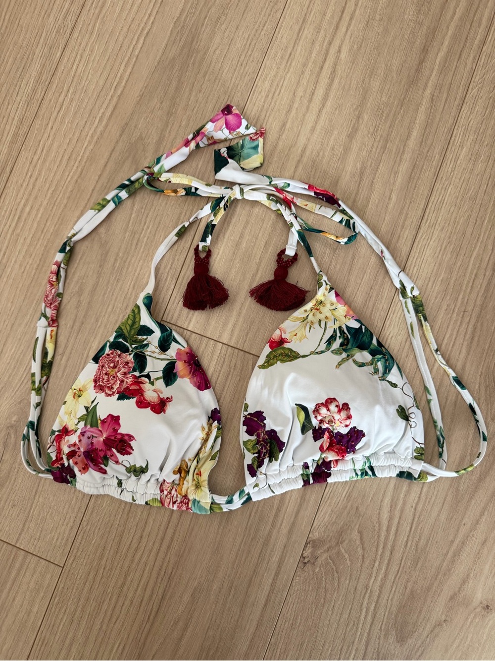 PQ Swim White Floral Triangle Bikini Top with Burgundy Tassels